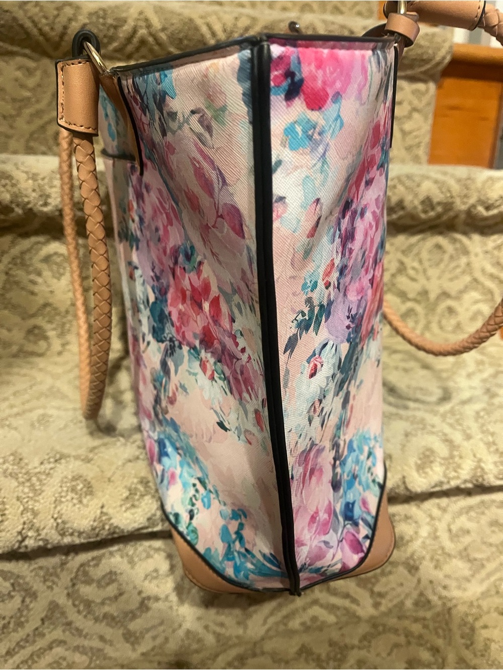 Nanette Lepore Pink Floral Tote with Tan Trim - Picture 7 of 13